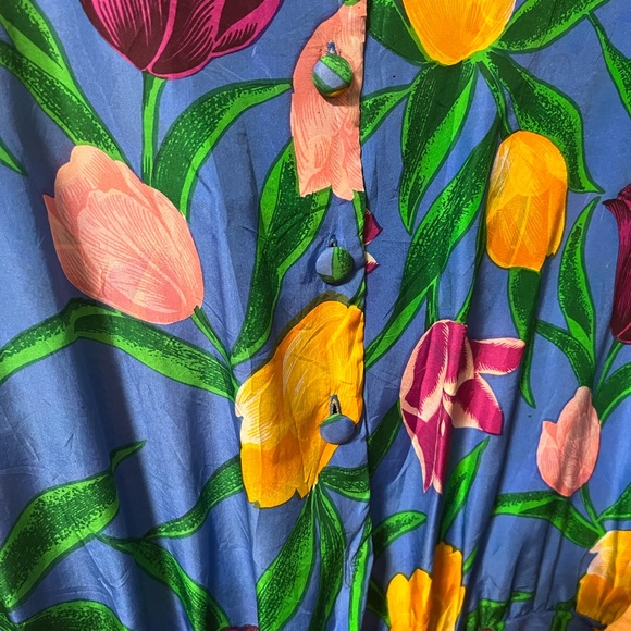 Vintage Caroline Wells Collection 100% Silk Blue Dress w/Tulip Floral Print - Picture 5 of 5